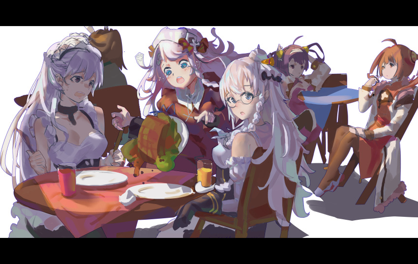 6+girls, absurdres, ahoge, azur_lane, belfast_(azur_lane), blue_eyes, braid, collar, edinburgh_(azur_lane), hands_up, highres, juice, maid, maid_headdress, metal_collar, multiple_girls, ning_hai_(azur_lane), orange_juice, ping_hai_(azur_lane), plate, purple_hair, shadow, simple_background, sitting, sweatdrop, swept_bangs, table, verbalthought, vestal_(azur_lane), white_background, white_hair