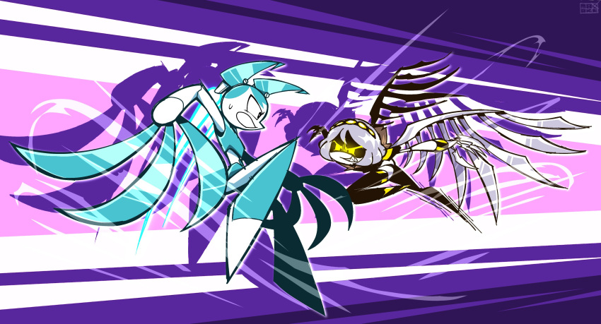 2girls, android, aqua_hair, armband, battle, black_hairband, black_jacket, blue_hair