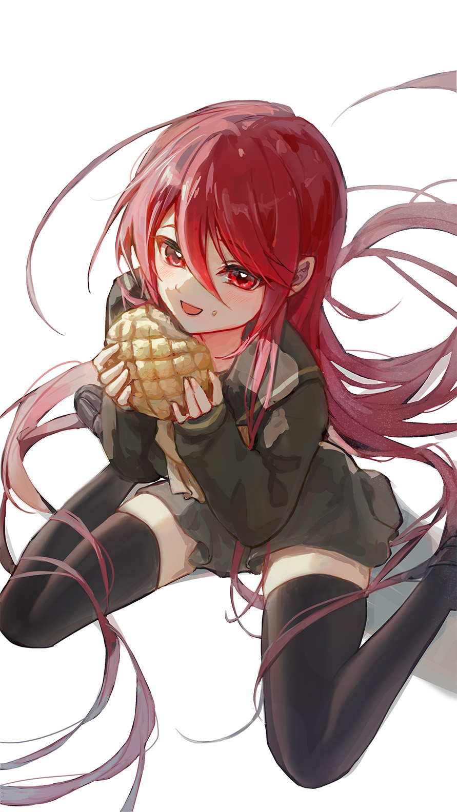 1girl, :d, black_footwear, black_thighhighs, blush, bread, commentary, cowlick