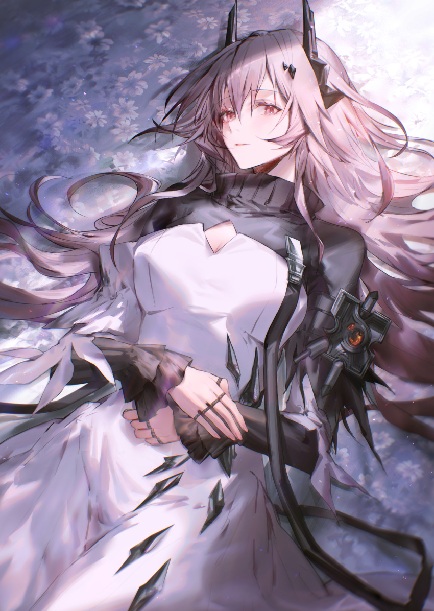 absurdres, arknights, cleavage_cutout, clothing_cutout, dress, flower_bed, flower_request, frilled_sleeves