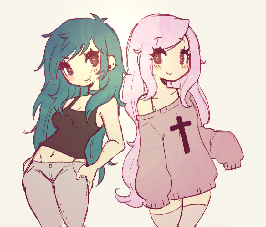 2girls, black_eyes, black_shirt, blue_hair, blush, bra_strap, closed_mouth, cross, cross_print, dress, ear_piercing, earrings, grey_pants, grey_sweater, hands_on_own_hips, highres, jewelry, labret_piercing, long_hair, looking_at_another, miyeaow, multiple_girls, navel, off_shoulder, original, pants, piercing, pink_hair, shirt, simple_background, sleeves_past_fingers, sleeves_past_wrists, smile, sweater, sweater_dress, tank_top, thigh-highs, white_thighhighs, yuri, zettai_ryouiki