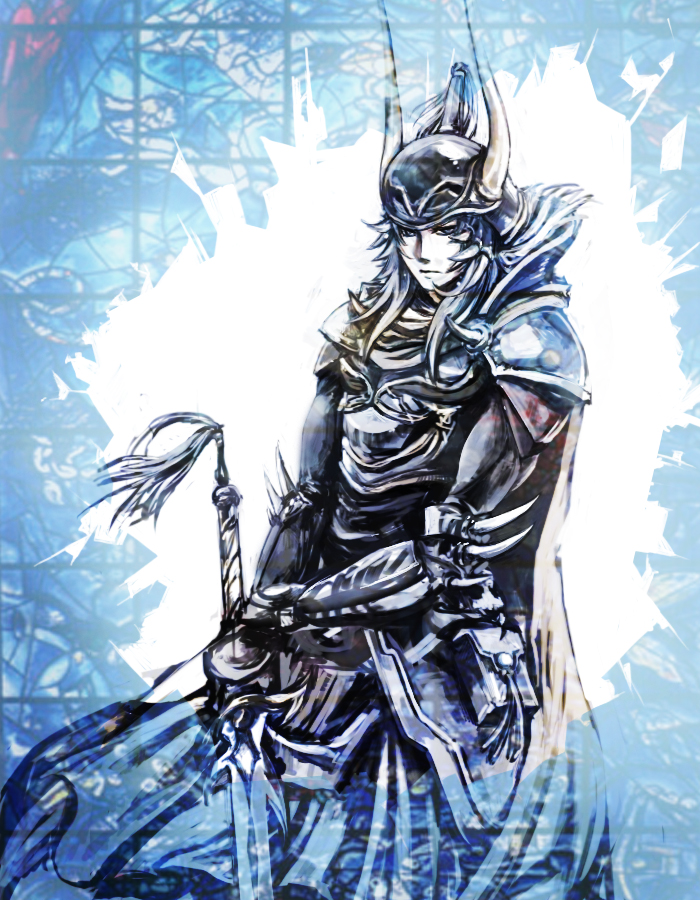 armor, blue_armor, blue_eyes, broken_window, cape, dissidia_final_fantasy, elbow_spikes, fake_horns, final_fantasy, final_fantasy_i, full_armor, helmet, holding, holding_sword, holding_weapon, horned_helmet, horns, long_hair, male_focus, pale_skin, plume, raimkoubo, spiked_elbow_pads, stained_glass, sword, warrior_of_light_(ff1), weapon, white_hair, yellow_cape