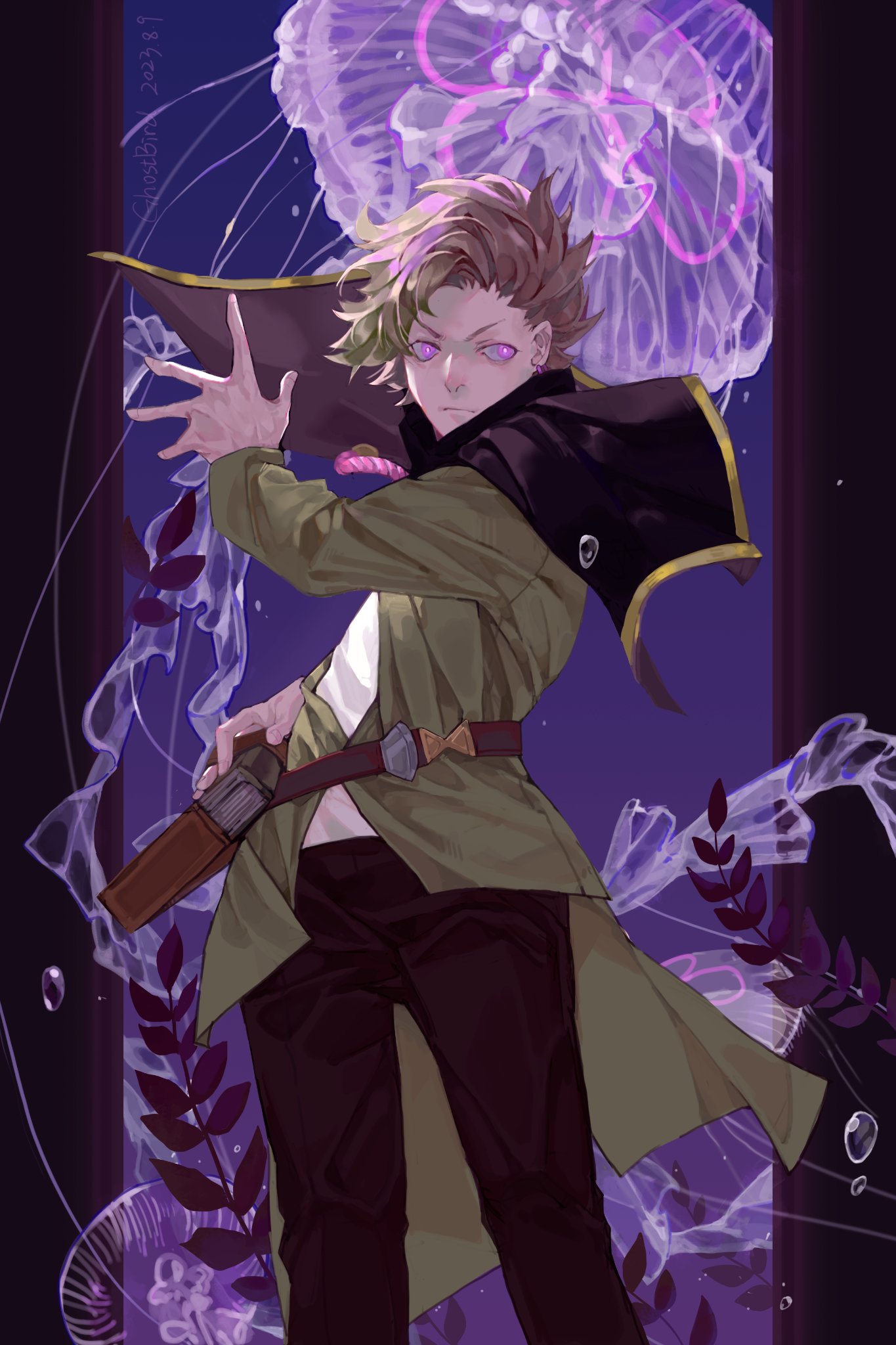 1boy, air_bubble, alternate_eye_color, bag, belt, black_capelet, black_clover, black_pants