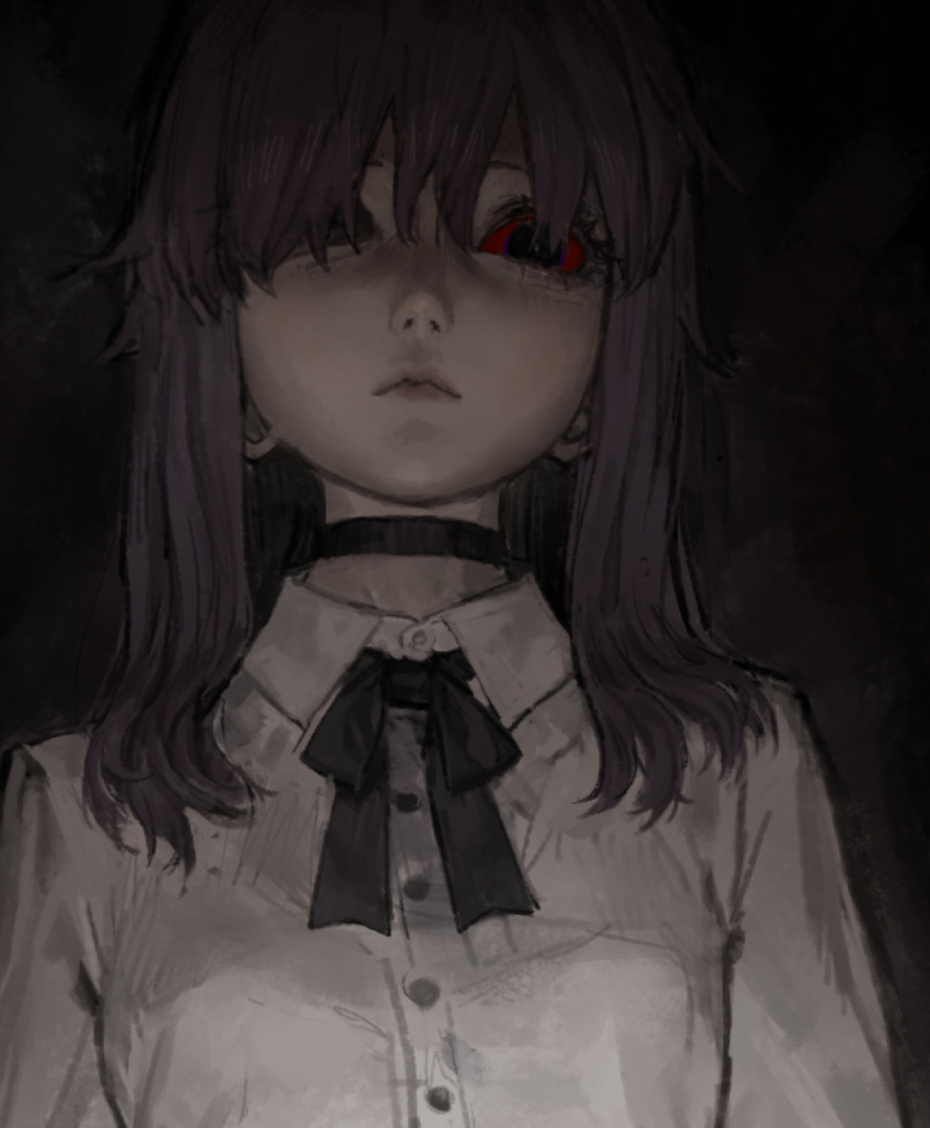 1girl, black_collar, black_eyes, buttons, collar, colored_sclera, commentary, creepy_mita_(miside)