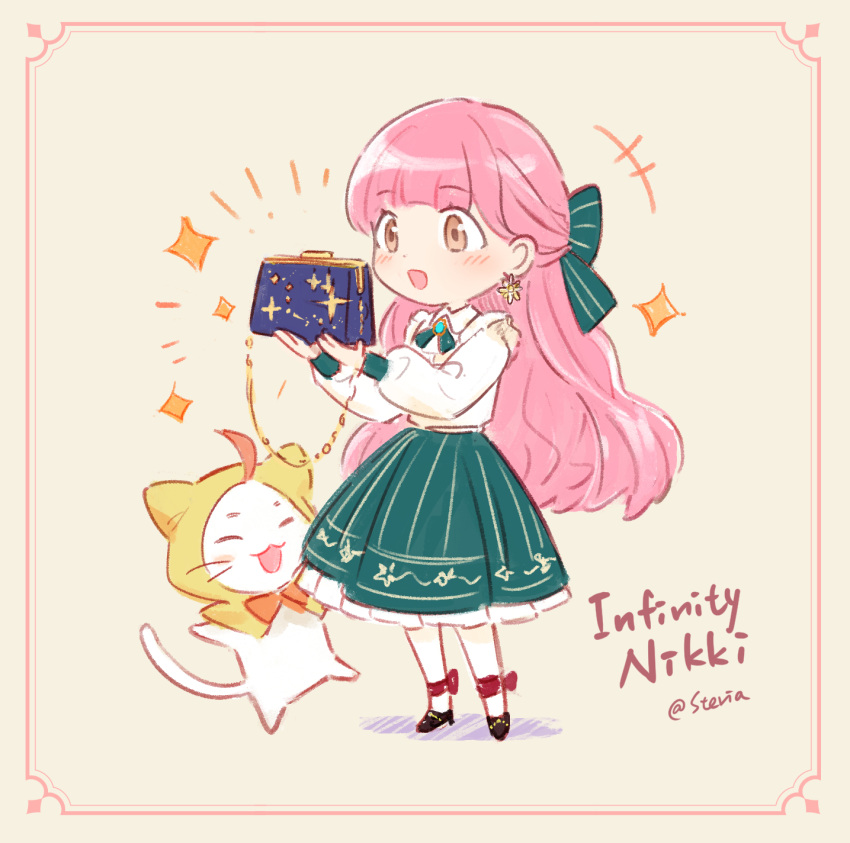 +++, 1girl, ^_^, a_beautiful_day_(infinity_nikki), animal, ankle_bow, aqua_brooch, artist_name