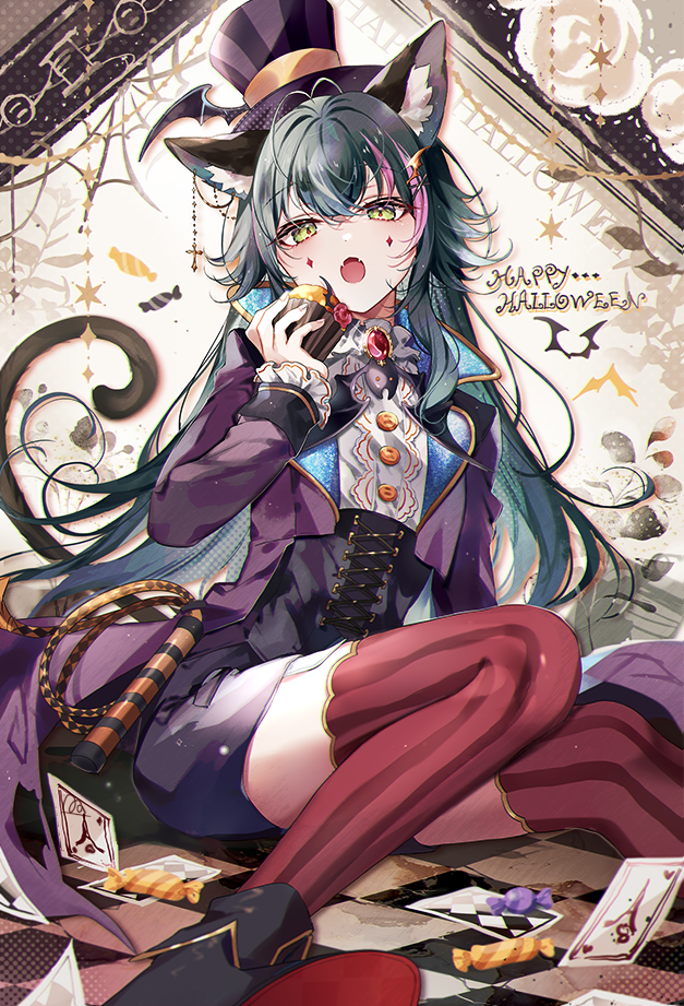 1girl, ace_(playing_card), animal_ears, black_footwear, cake, card, cat_ears, cat_girl