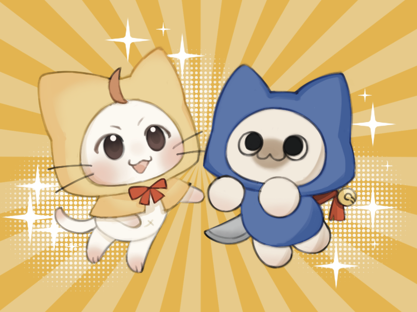 :3, animal, animal_focus, bell, black_eyes, blue_shirt, bow, bowtie, brown_eyes, cat, character_request, check_character, chinese_commentary, cloak, closed_mouth, clothed_animal, commentary_request, dancing, ear_covers, felyne, hanmengcanyan, hood, hood_up, hooded_cloak, hooded_shirt, infinity_nikki, light_blush, looking_at_another, momo_(nikki), monster_hunter_(series), monster_hunter_rise, nikki_(series), no_humans, red_bow, red_bowtie, shirt, sparkle, sword, sword_on_back, tassel, weapon, weapon_on_back, whiskers, white_cat, yellow_background, yellow_cloak