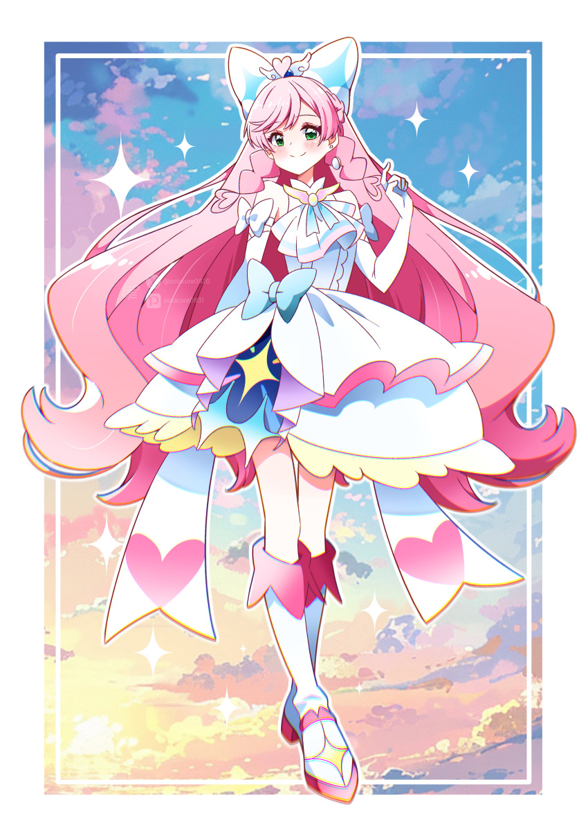 1girl, absurdres, arm_behind_back, artist_name, ascot, blue_bow, boots, bow