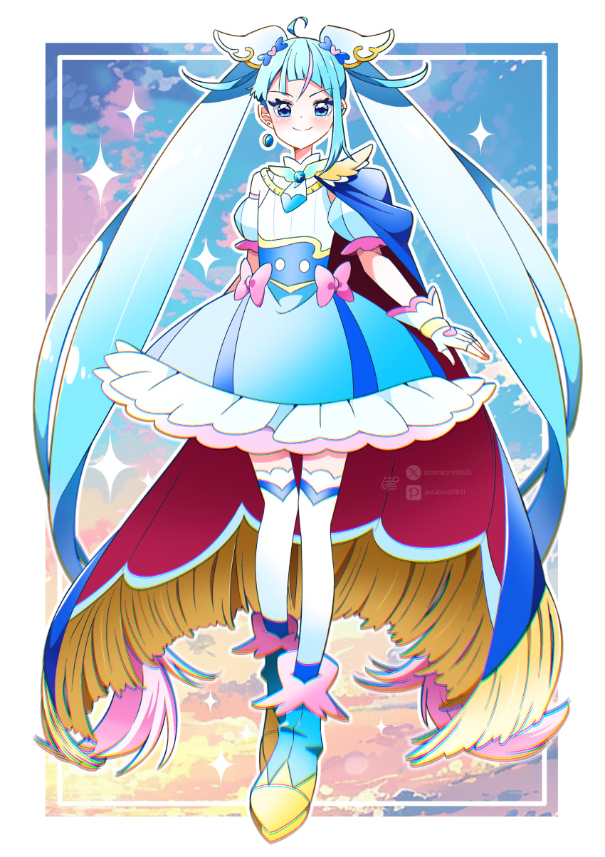 1girl, absurdres, ankle_boots, arm_behind_back, artist_name, blue_cape, blue_dress, blue_eyes