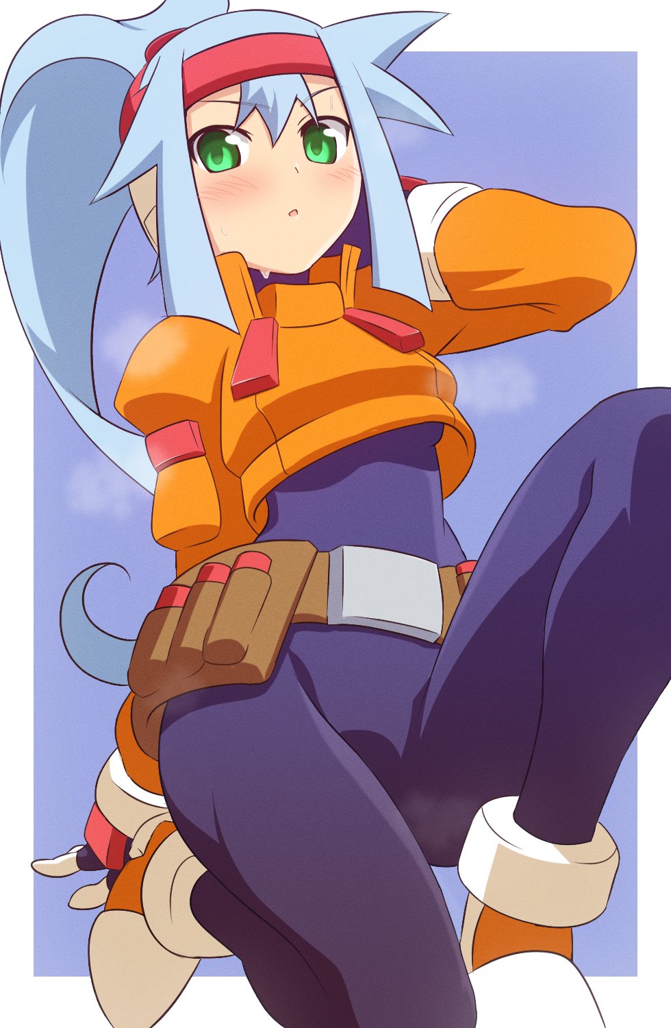 1girl, ashe_(mega_man), black_bodysuit, blue_background, blue_hair, blush, bodysuit, bodysuit_under_clothes
