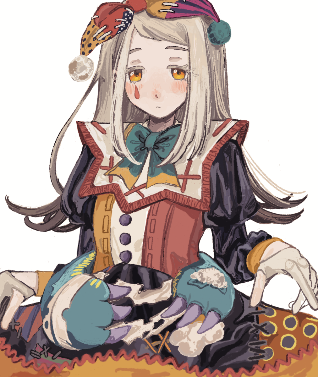 1girl, aqua_bow, aqua_bowtie, bib_collar, blonde_hair, blush, bow, bowtie
