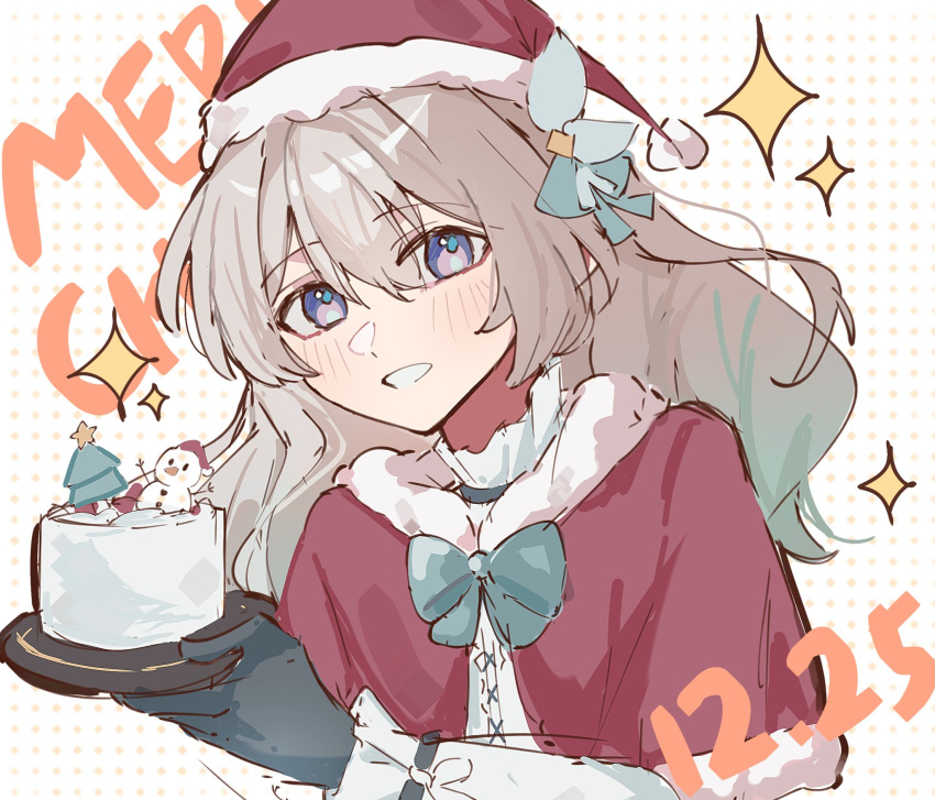 cake, christmas_cake, dated, firefly_(honkai:_star_rail), food, gloves, grey_hair, hair_ornament