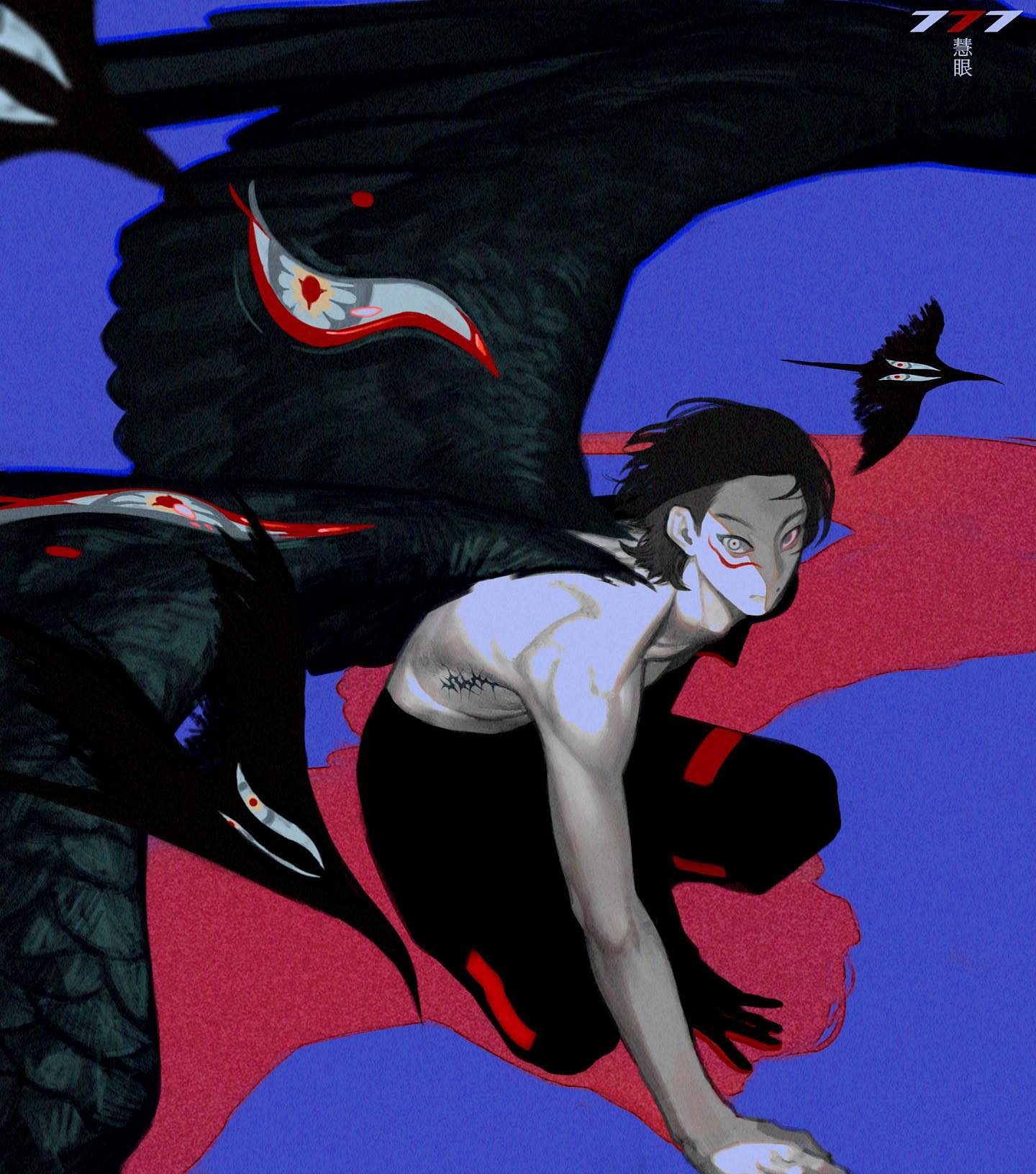 1boy, abstract_background, animal, bird, black_bird, black_hair, black_pants, black_wings, blue_eyes, eyes_in_wings, film_grain, highres, illusion_7, male_focus, original, pants, solo, topless_male, wings