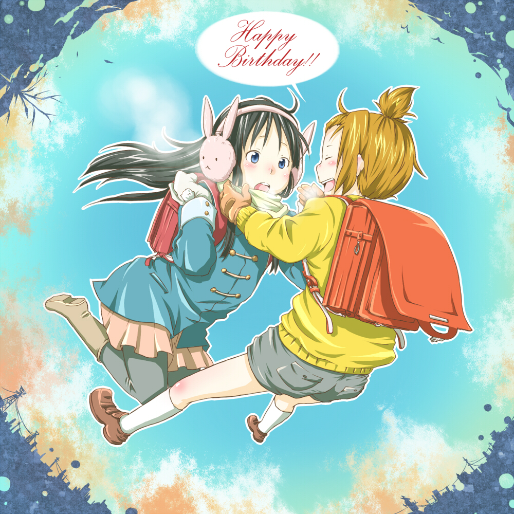 2girls, backpack, bag, black_hair, blue_eyes, breath, brown_hair, bunny