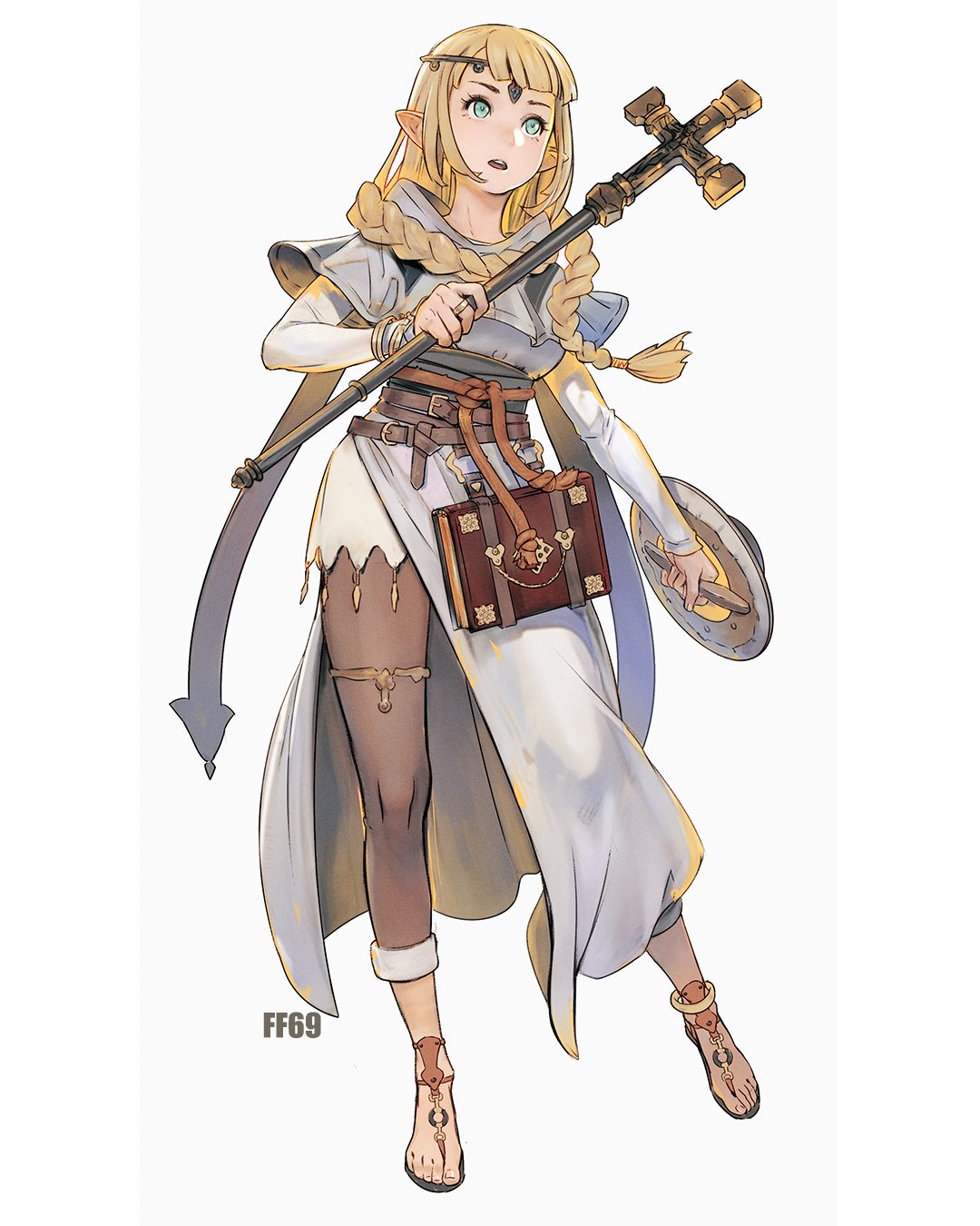 1girl, belt, blonde_hair, book, book_holster, braid, buckler, cleric