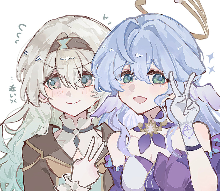 blue_hair, collared_dress, cropped_jacket, dress, firefly_(honkai:_star_rail), flying_sweatdrops, gloves, grey_hair, hair_ornament, hairband, halo, head_wings, highres, honkai:_star_rail, honkai_(series), multicolored_hair, neckerchief, nekooooowo, robin_(honkai:_star_rail), star_(symbol), sweatdrop, wings