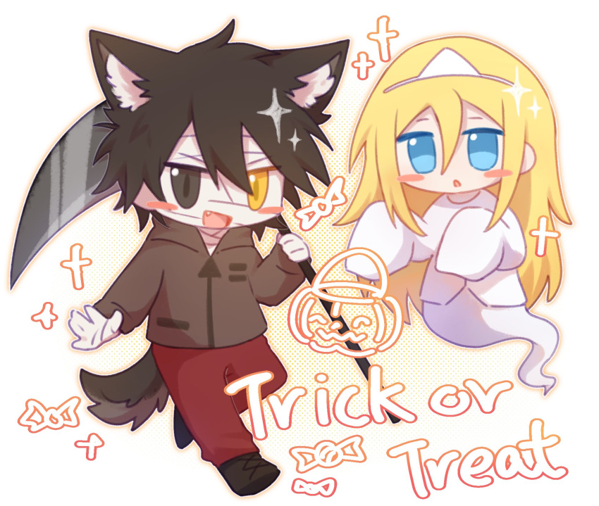 1boy, 1girl, animal_ears, bandages, black_eyes, black_hair, blonde_hair, blue_eyes, blush_stickers, brown_footwear, brown_hoodie, candy, commentary, fang, food, ghost, hair_between_eyes, halftone, heterochromia, highres, holding, holding_scythe, holding_weapon, hood, hoodie, isaac_foster, jack-o'-lantern, jacket, long_hair, looking_at_viewer, open_mouth, pants, pocket, rachel_gardner, red_pants, satsuriku_no_tenshi, scythe, sparkle, symbol-only_commentary, tail, triangle_mouth, trick_or_treat, tsz_ju2mao1, weapon, white_background, white_jacket, wolf_ears, wolf_tail, yellow_eyes, zipper