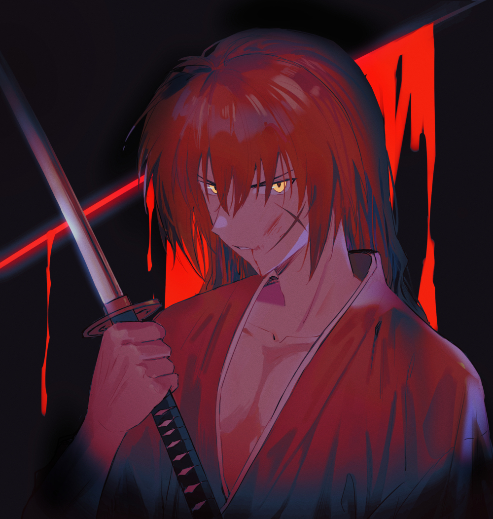 1boy, black_background, blood, blood_from_mouth, blood_on_face, collarbone, cross_scar, geolu