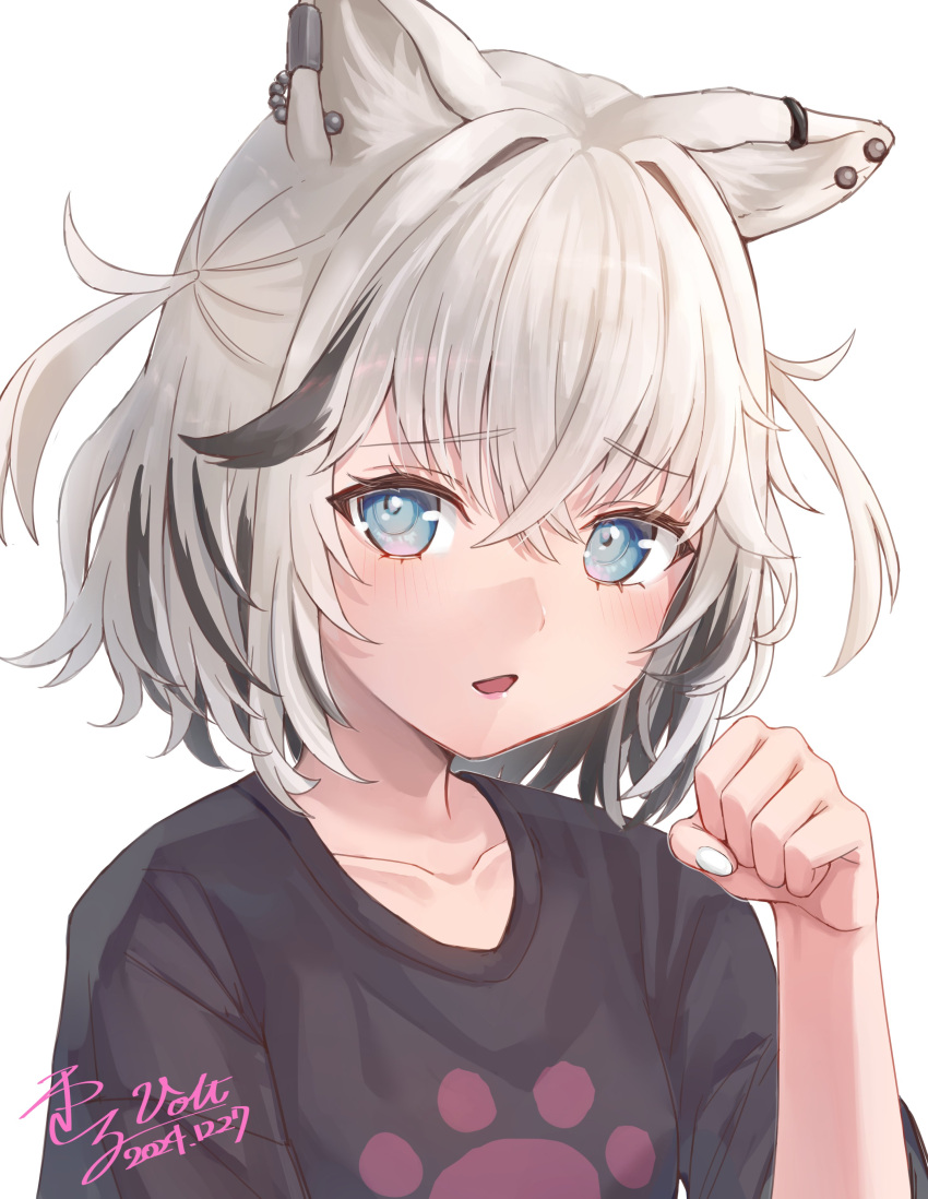 1girl, absurdres, animal_ears, black_shirt, blue_eyes, blush, crossed_bangs, dated