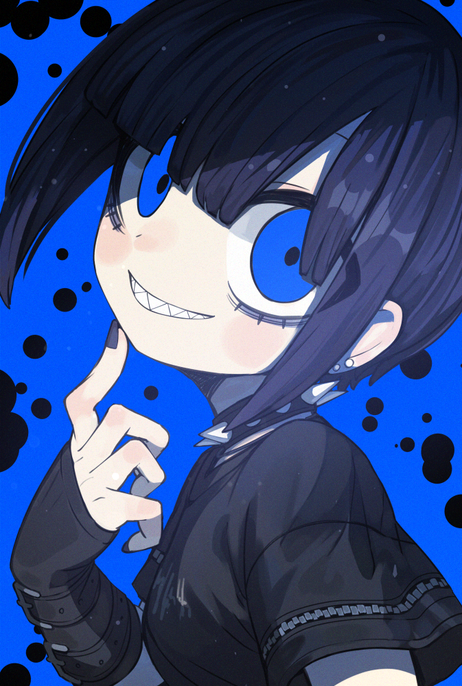 1girl, black_gloves, black_hair, black_nails, black_theme, blue_background, blue_eyes, blue_theme
