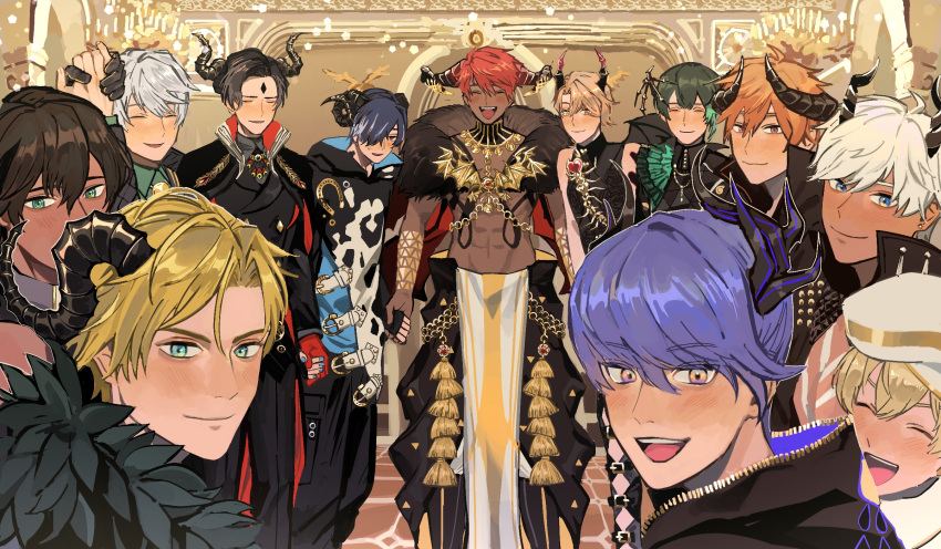 6+boys, :d, ^_^, aqua_hair, asmodeus_(obey_me!), asymmetrical_bangs, asymmetrical_sidelocks, background_request