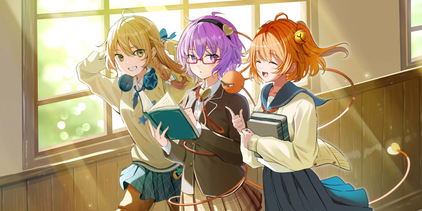 3girls, :d, ^_^, ahoge, alternate_costume, arms_behind_head, bead_bracelet, beads