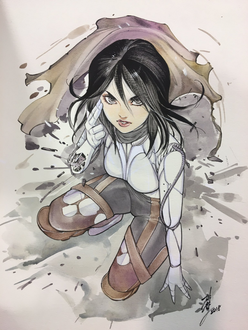 1girl, 2018, alita, battle_angel_alita, black_hair, black_shorts, brown_pantyhose, cable