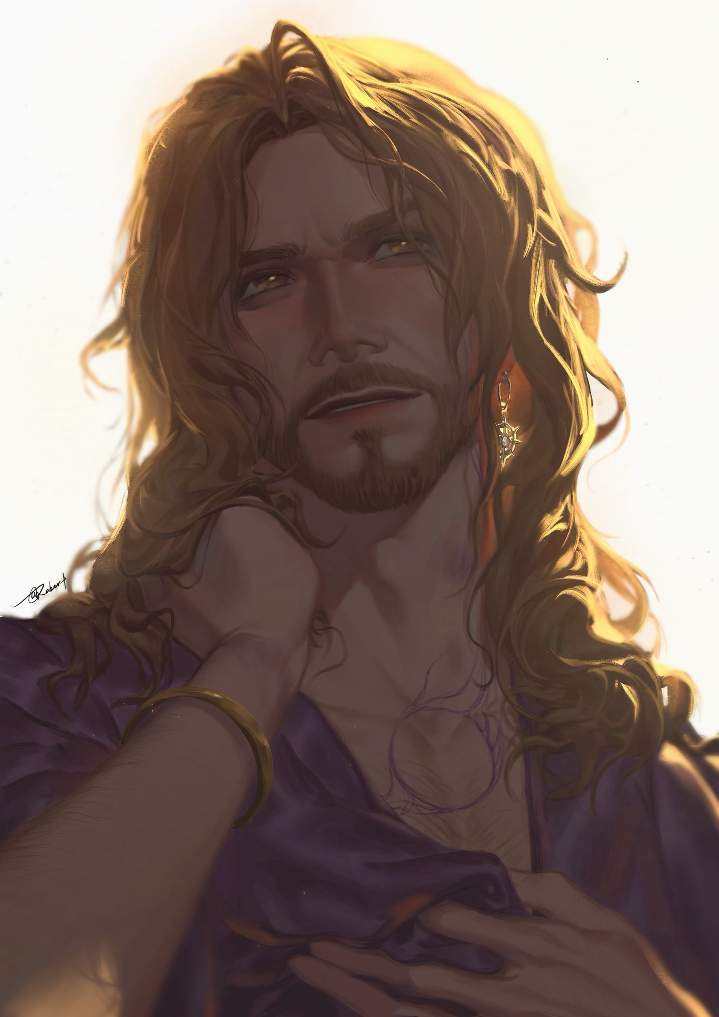 1boy, arm_up, baldur's_gate, baldur's_gate_3, beard, bracelet, brown_eyes, brown_hair