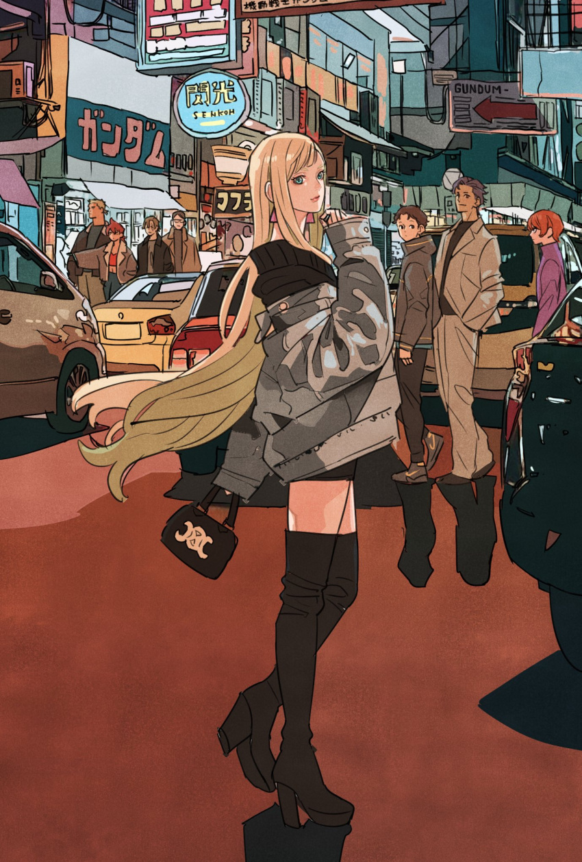 2girls, 6+boys, bag, black_footwear, blonde_hair, blue_eyes, boots, brown_hair