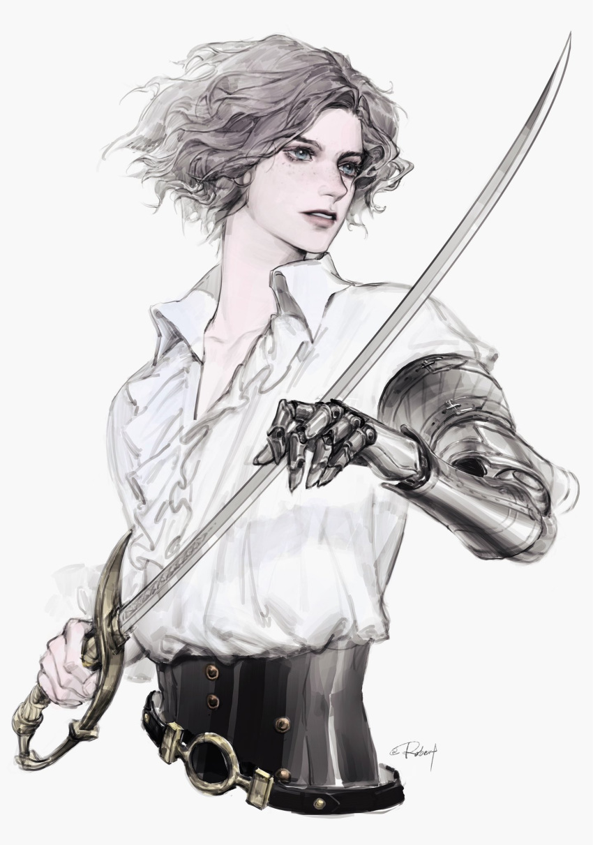 1boy, arm_up, belt, belt_buckle, blue_eyes, buckle, collarbone, collared_shirt