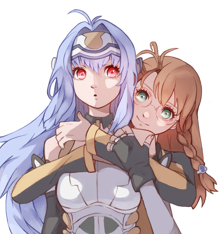 2girls, :o, absurdres, ahoge, android, bare_shoulders, blue_hair, braid
