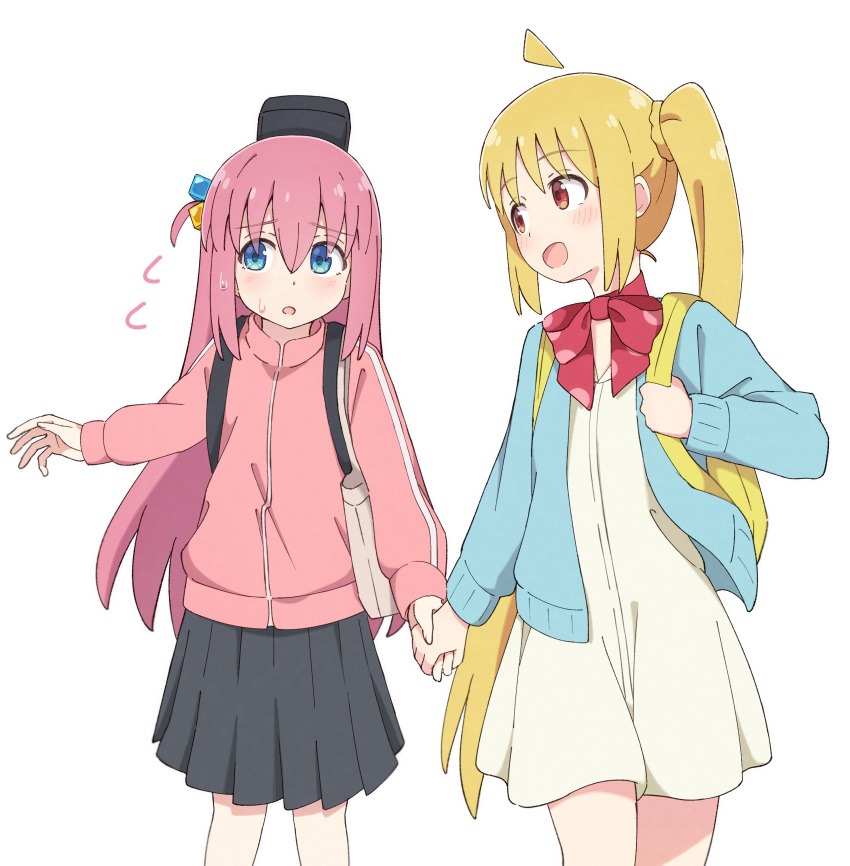2girls, :d, absurdres, ahoge, backpack, bag, blonde_hair, blue_eyes
