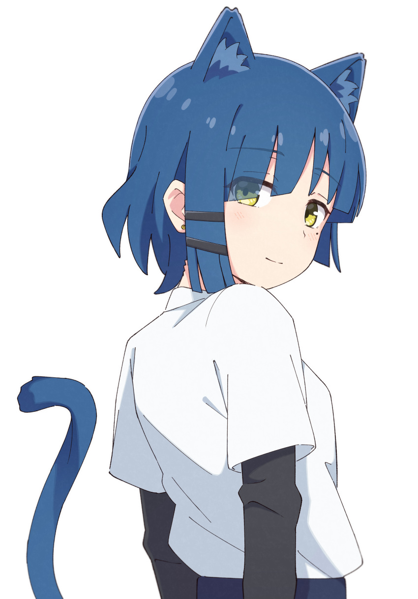 1girl, absurdres, animal_ear_fluff, animal_ears, black_shirt, blue_hair, blue_skirt, blush
