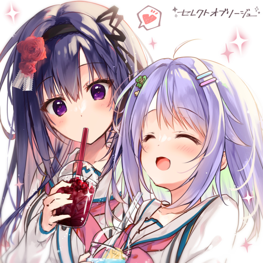 2girls, :d, ^_^, ahoge, black_hair, black_hairband, black_ribbon, blush