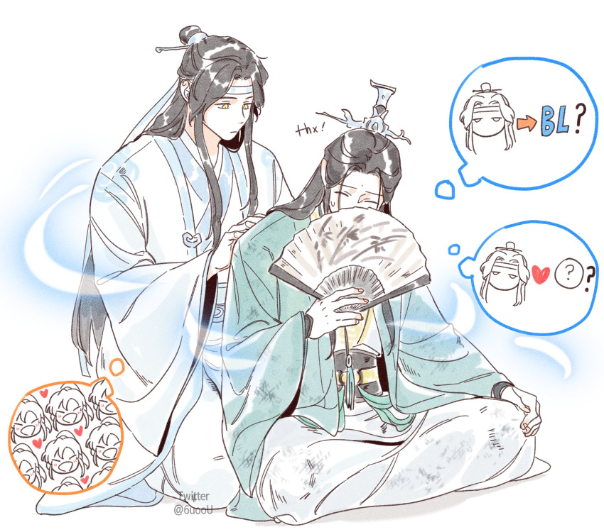 2boys, 6uoou, ?, arrow_(symbol), bindi, black_hair, chinese_clothes, closed_eyes