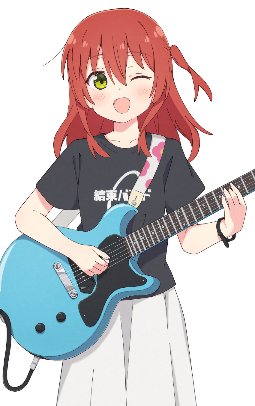 1girl, :d, absurdres, audio_cable, black_shirt, blush, bocchi_the_rock!, collarbone