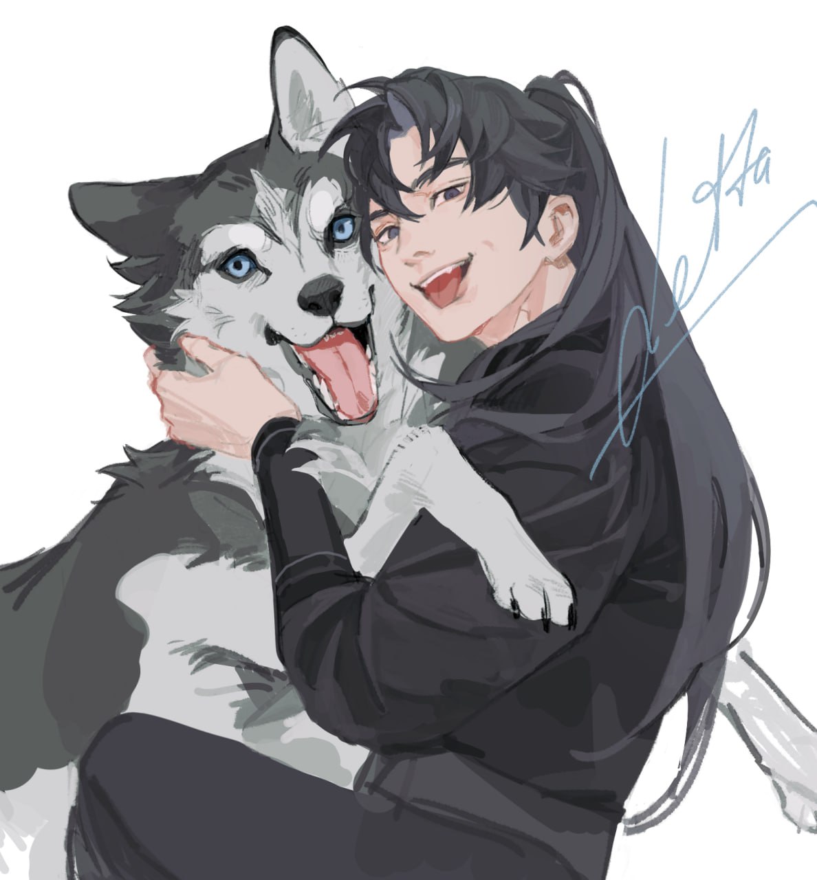 1boy, animal, black_eyes, black_hair, black_hanfu, chinese_clothes, cowboy_shot, dog