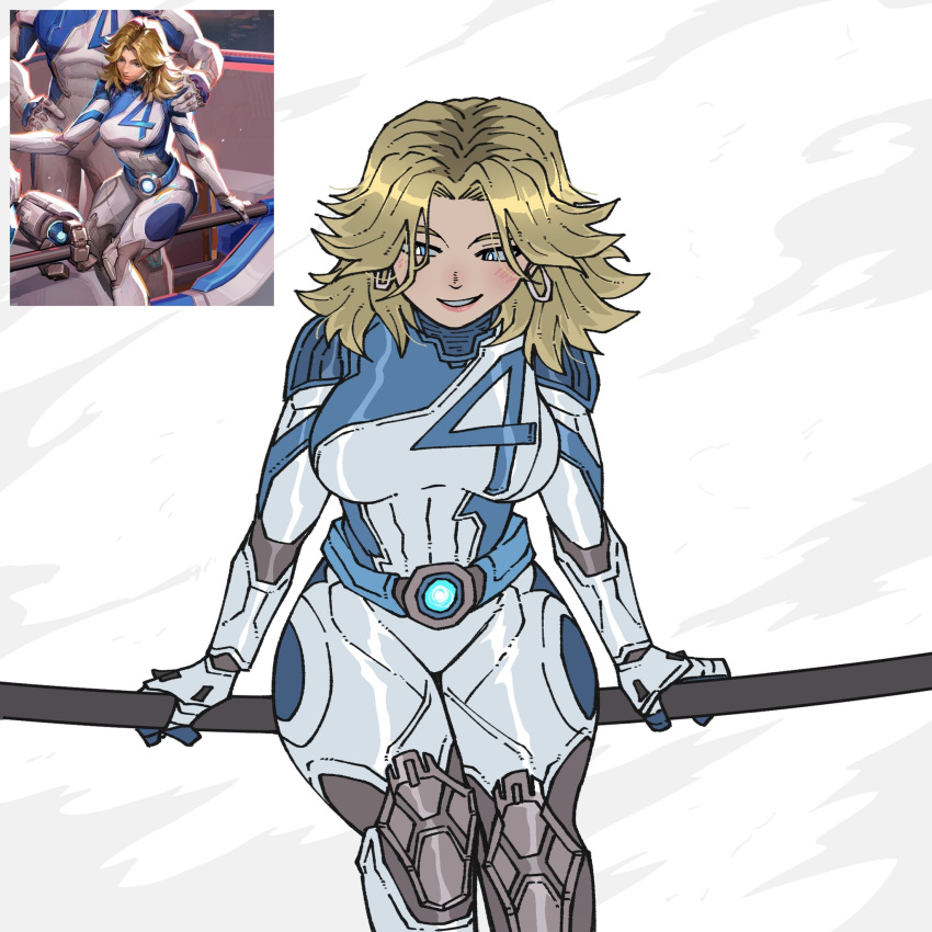 1girl, animification, blonde_hair, blue_eyes, bodysuit, darent_z, earrings, fantastic_four, highres, husband_and_wife, jewelry, long_hair, marvel, marvel_rivals, reed_richards, short_hair, smile, solo, sue_storm, superhero_costume