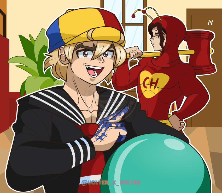 2boys, absurdres, alternate_costume, ball, beanie, black_sailor_collar, bodysuit, brown_eyes, brown_hair, chespirito, chipote_chillon, cosplay, creator_connection, dr._stone, el_chapulin_colorado, el_chapulin_colorado_(cosplay), el_chapulin_colorado_(series), el_chavo_del_ocho, fake_antennae, hammer, hand_up, hat, heart, highres, holding, holding_weapon, hood, hood_up, hoodie, looking_at_viewer, male_focus, medium_hair, multiple_boys, nanami_ryuusui, open_mouth, plant, quico, quico_(cosplay), red_bodysuit, sailor_collar, serious, shishiou_tsukasa, superhero_costume, twitter_username, volter_x_volter, weapon, window
