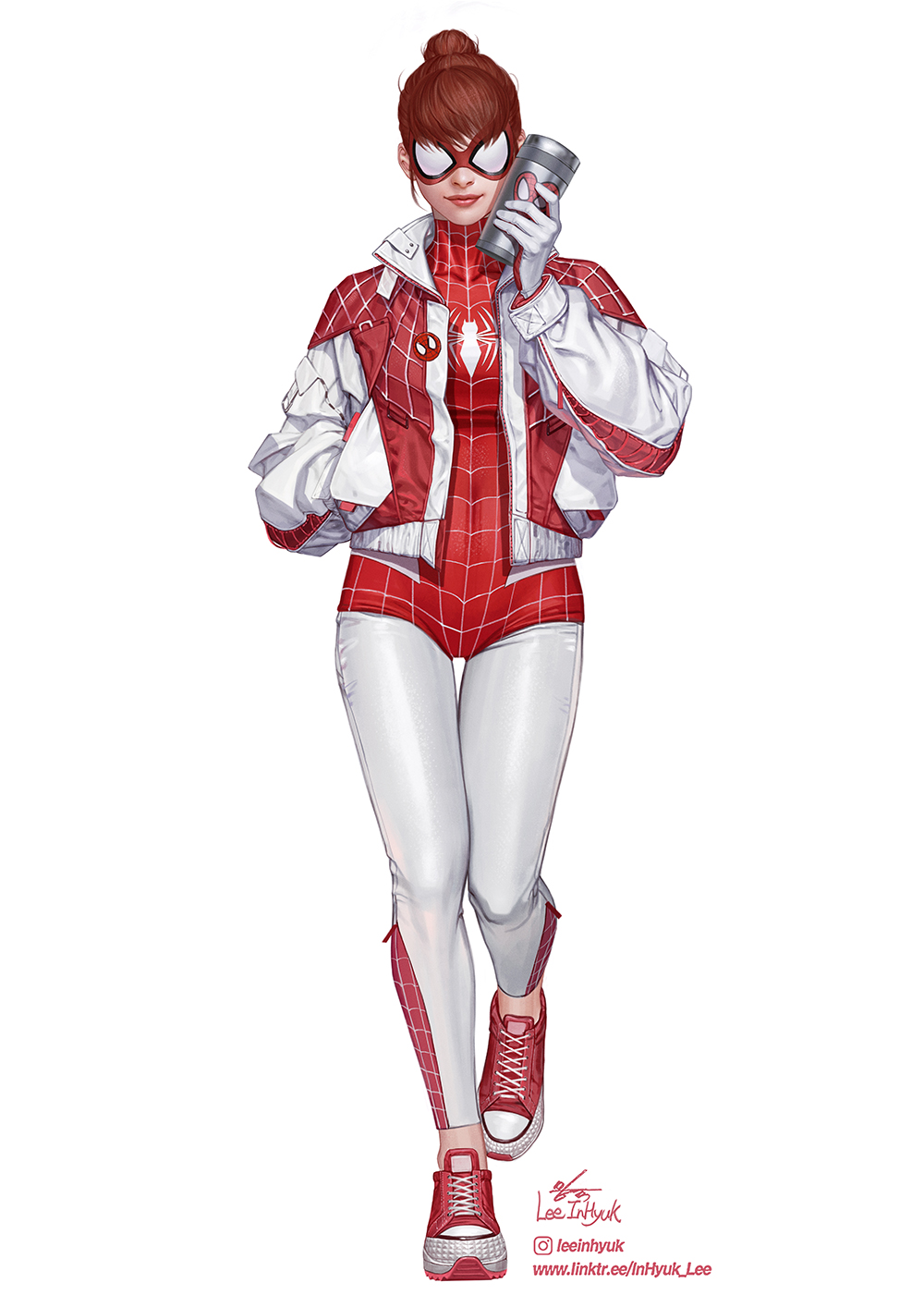 1girl, bodysuit, brown_hair, eye_mask, full_body, highres, holding, holding_thermos, in-hyuk_lee, instagram_logo, instagram_username, jacket, looking_at_viewer, marvel, mary_jane_watson, multicolored_clothes, multicolored_jacket, open_clothes, open_jacket, red_bodysuit, red_footwear, red_jacket, shoes, signature, sneakers, solo, spider-man_(series), spinneret_(marvel), superhero_costume, thermos, two-tone_bodysuit, two-tone_footwear, two-tone_jacket, web_address, white_bodysuit, white_footwear, white_jacket