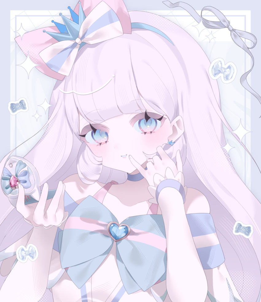 1girl, blue_background, blue_bow, blue_choker, blue_eyes, blue_ribbon, bow, bow_hairband, choker, collarbone, crown, crown_earrings, cure_nyammy, diamond_(shape), dress, earrings, elbow_gloves, finger_to_mouth, flat_chest, gloves, hairband, hand_up, highres, jewelry, kokonoe826, long_hair, looking_at_viewer, magical_girl, mini_crown, nekoyashiki_yuki, off-shoulder_dress, off_shoulder, parted_lips, pinky_out, pinky_to_mouth, precure, ribbon, smile, solo, teeth, upper_body, white_dress, white_gloves, white_hair, wonderful_pact, wonderful_precure!