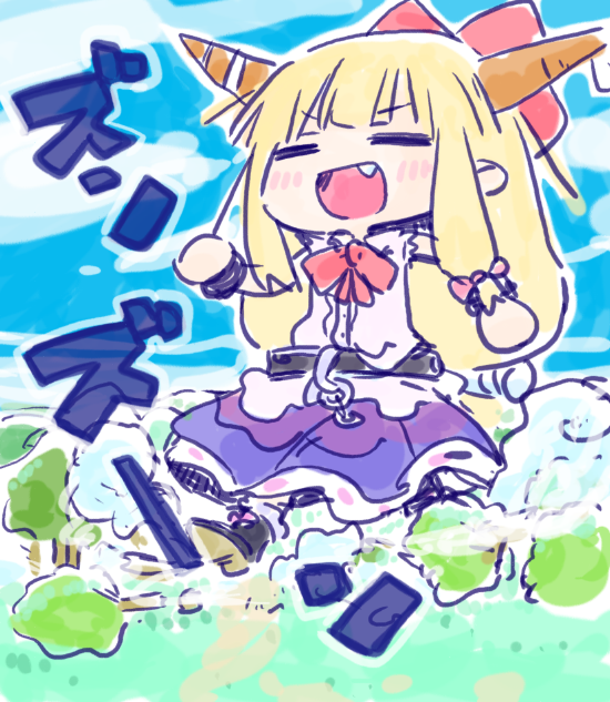 1girl, :d, =_=, black_footwear, blonde_hair, blue_sky, blush, boots