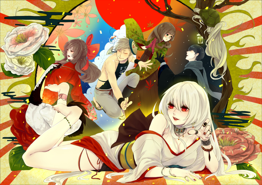 bare_legs, brown_hair, flower, glasses, green_eyes, highres, japanese_clothes, kimono, lips, long_hair, lying, mask, on_stomach, original, red_eyes, tori_shiru, turtle, white_hair