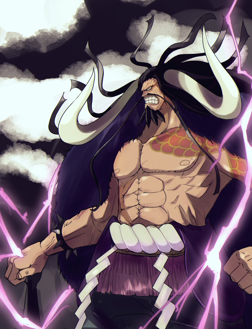 1boy, abs, absurdres, aomushimm, beard, black_hair, bracelet, clenched_hand