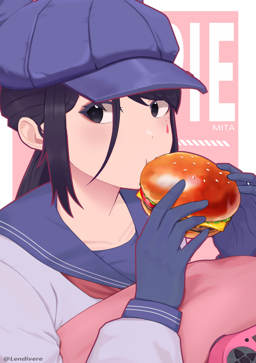 1girl, artist_name, black_eyes, blue_gloves, blue_hat, blue_sailor_collar, burger, cabbie_hat