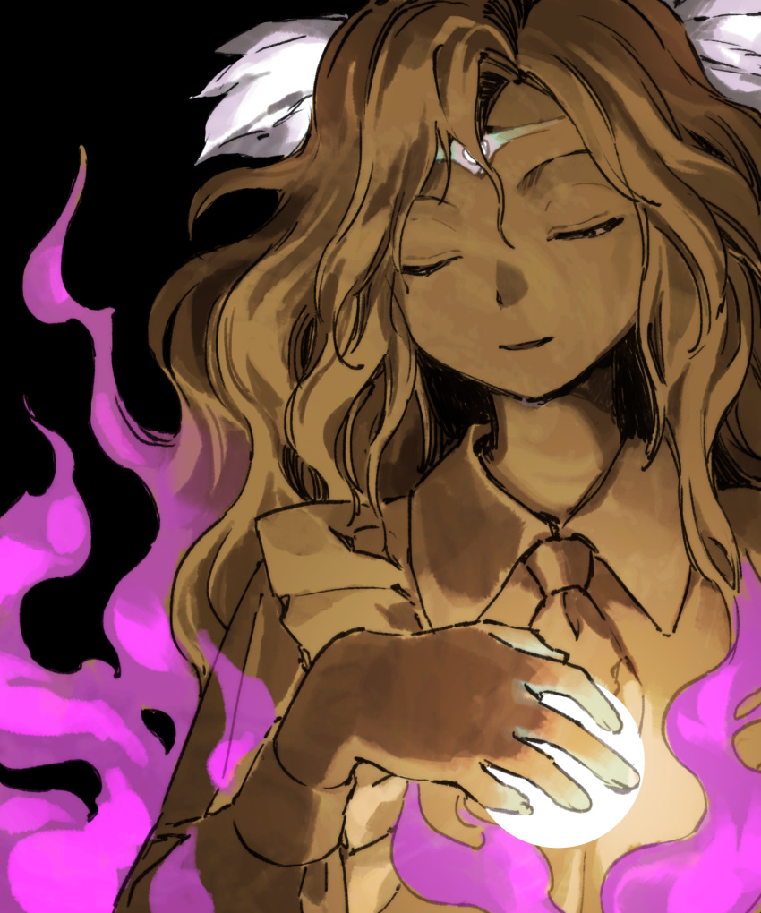 1girl, ascot, black_background, circlet, closed_eyes, commentary_request, fire, frills