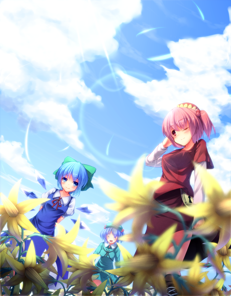 blue_eyes, blue_hair, blurry, bow, cirno, closed_eyes, cloud, clouds
