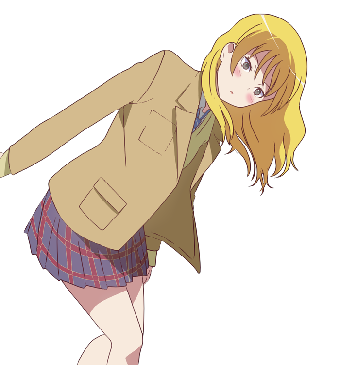 1girl, blonde_hair, blue_necktie, blush, brown_jacket, cardigan, collared_shirt, feet_out_of_frame