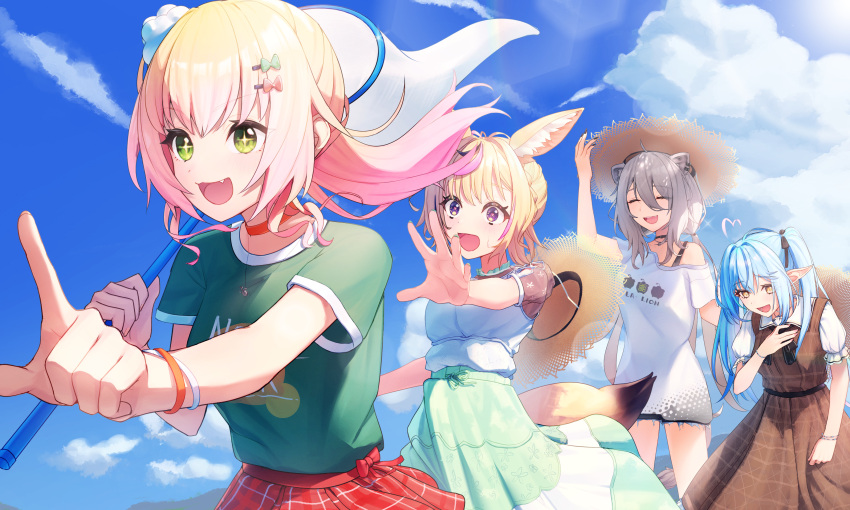 +_+, 4girls, :d, absurdres, ahoge, animal_ears, black_bow, black_bowtie