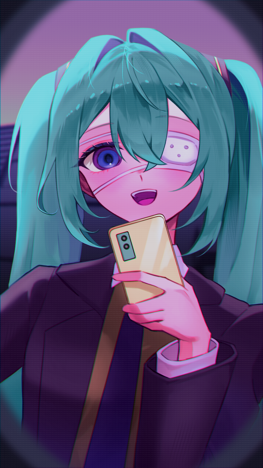1girl, aqua_hair, black_jacket, black_necktie, blue_eyes, brown_sweater_vest, cellphone, collared_shirt, eyepatch, hair_between_eyes, hair_intakes, hatsune_miku, highres, holding, holding_phone, jacket, long_hair, long_sleeves, looking_at_viewer, medical_eyepatch, monitoring_(vocaloid), necktie, open_clothes, open_jacket, open_mouth, phone, pov_peephole, shirt, smartphone, solo, sweater_vest, teeth, twintails, upper_body, upper_teeth_only, user_cmyg5732, very_long_hair, vocaloid, white_shirt